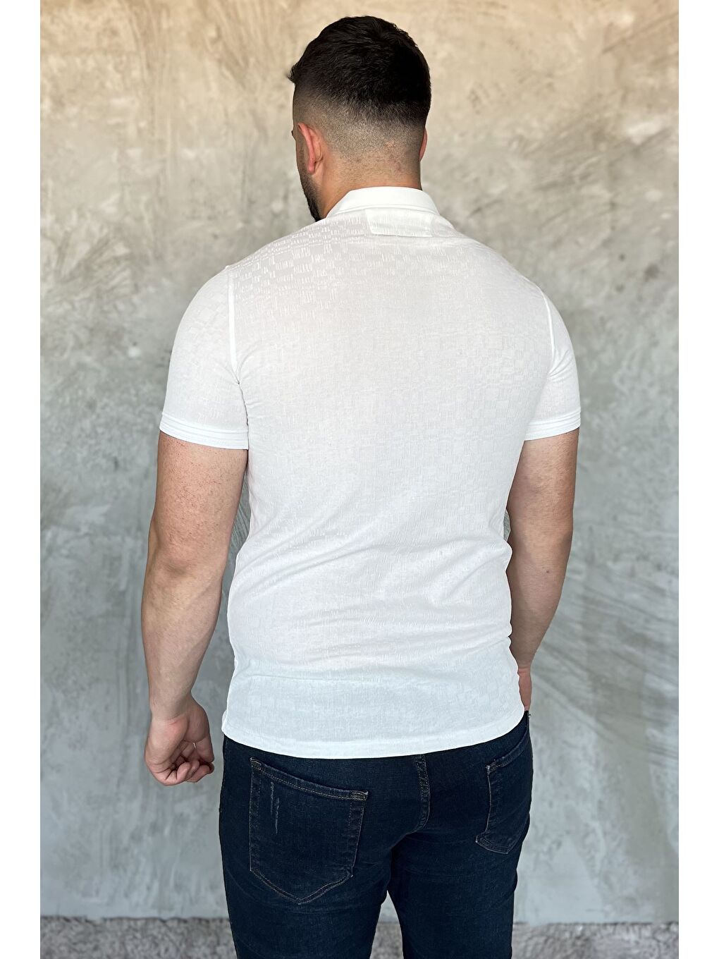 Beyaz Yarım Düğmeli Polo Yaka Erkek Tişört-2