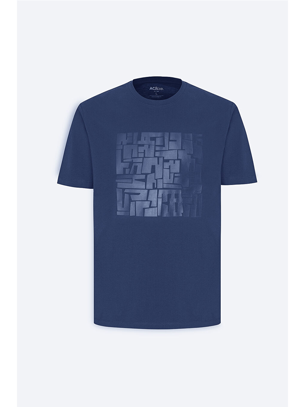 Erkek Lacivert Standart Fit Normal Kesim %100 Pamuk Baskılı Bisiklet Yaka Tişört-5