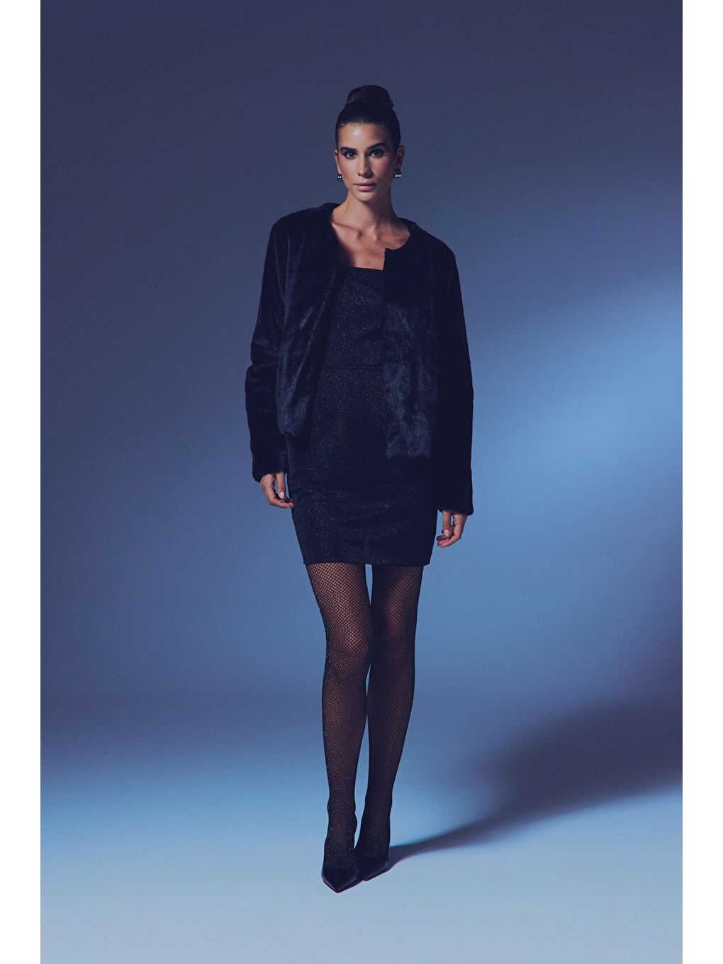 Yakasız Pelüş Ceket - Siyah