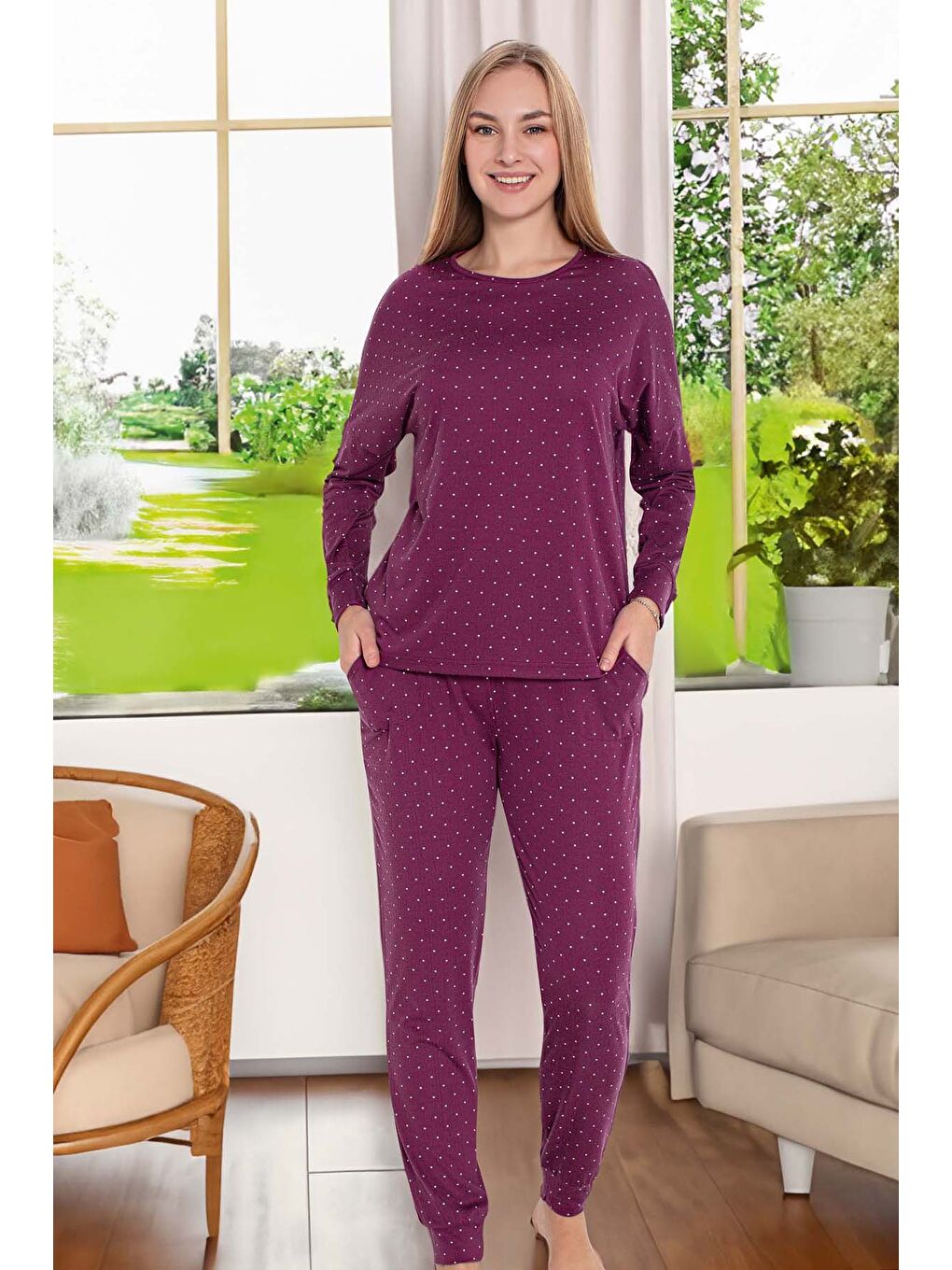 Kadın Puantiye Desen Uzun Kol Pijama Takımı 240987 Mürdüm
