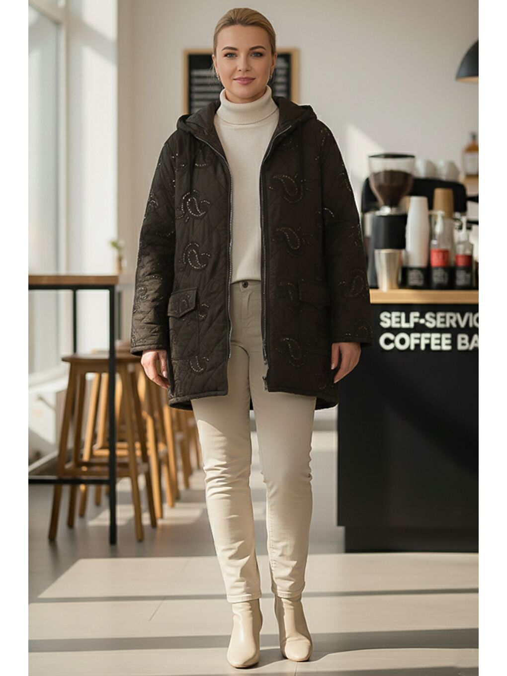 İtalyan Kahverengi Kapüşonlu Uzun Kol Fermuarlı Pul Payetli Allover Nakışlı Dokuma Ceket 75 65-1