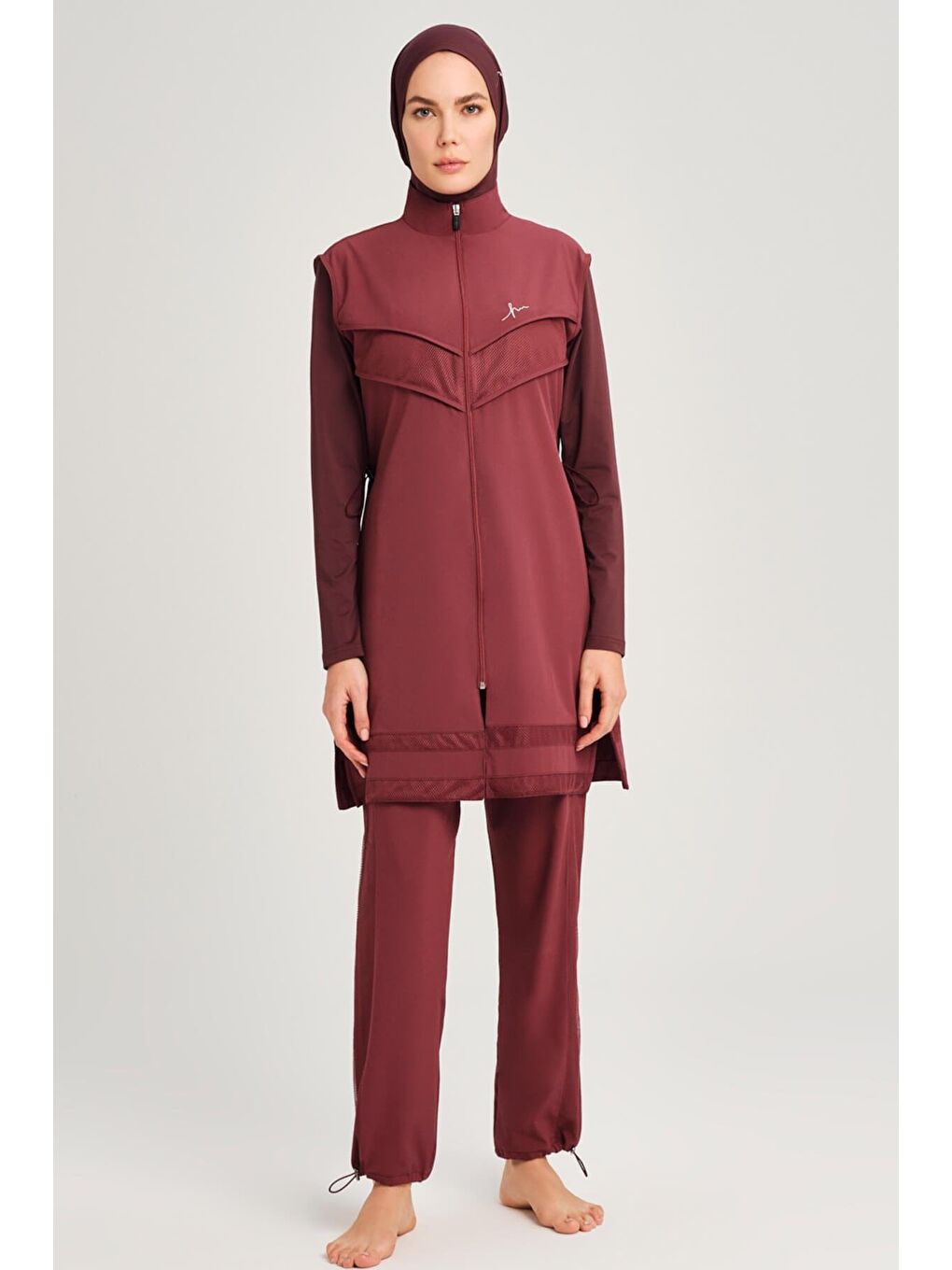 File Detaylı Mürdüm Esnek Dokuma 6 Parça Tam Tesettür Mayo Takımı 2853-2