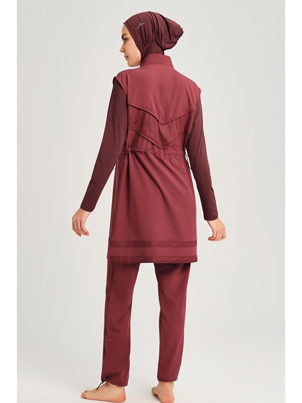 File Detaylı Mürdüm Esnek Dokuma 6 Parça Tam Tesettür Mayo Takımı 2853-3