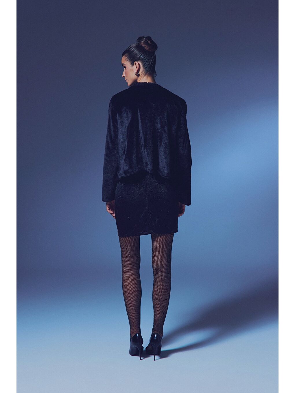 Yakasız Pelüş Ceket - Siyah-1