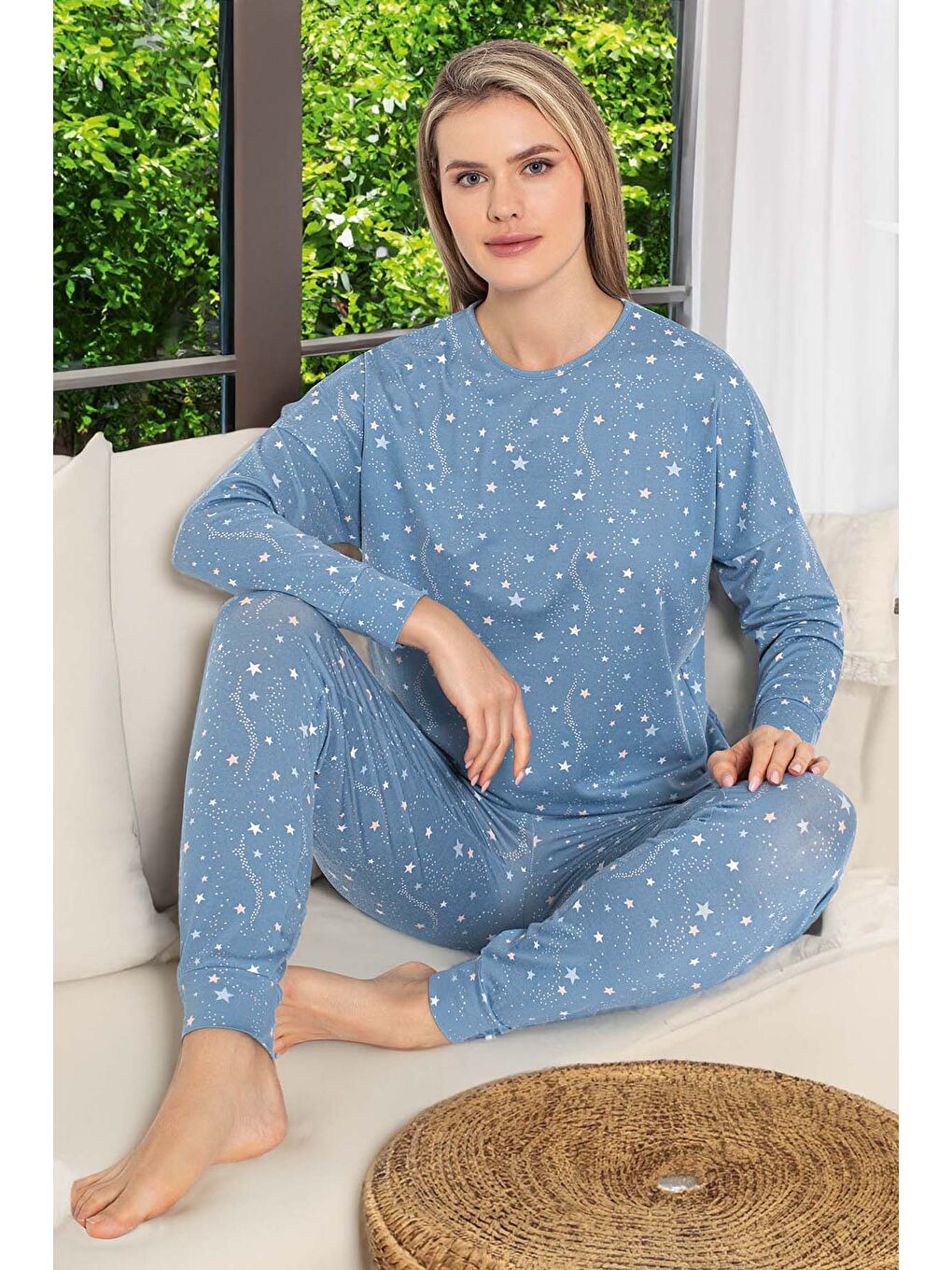 Kadın Renkli Yıldız Desen Uzun Kol Pijama Takımı 240977 Mavi-2