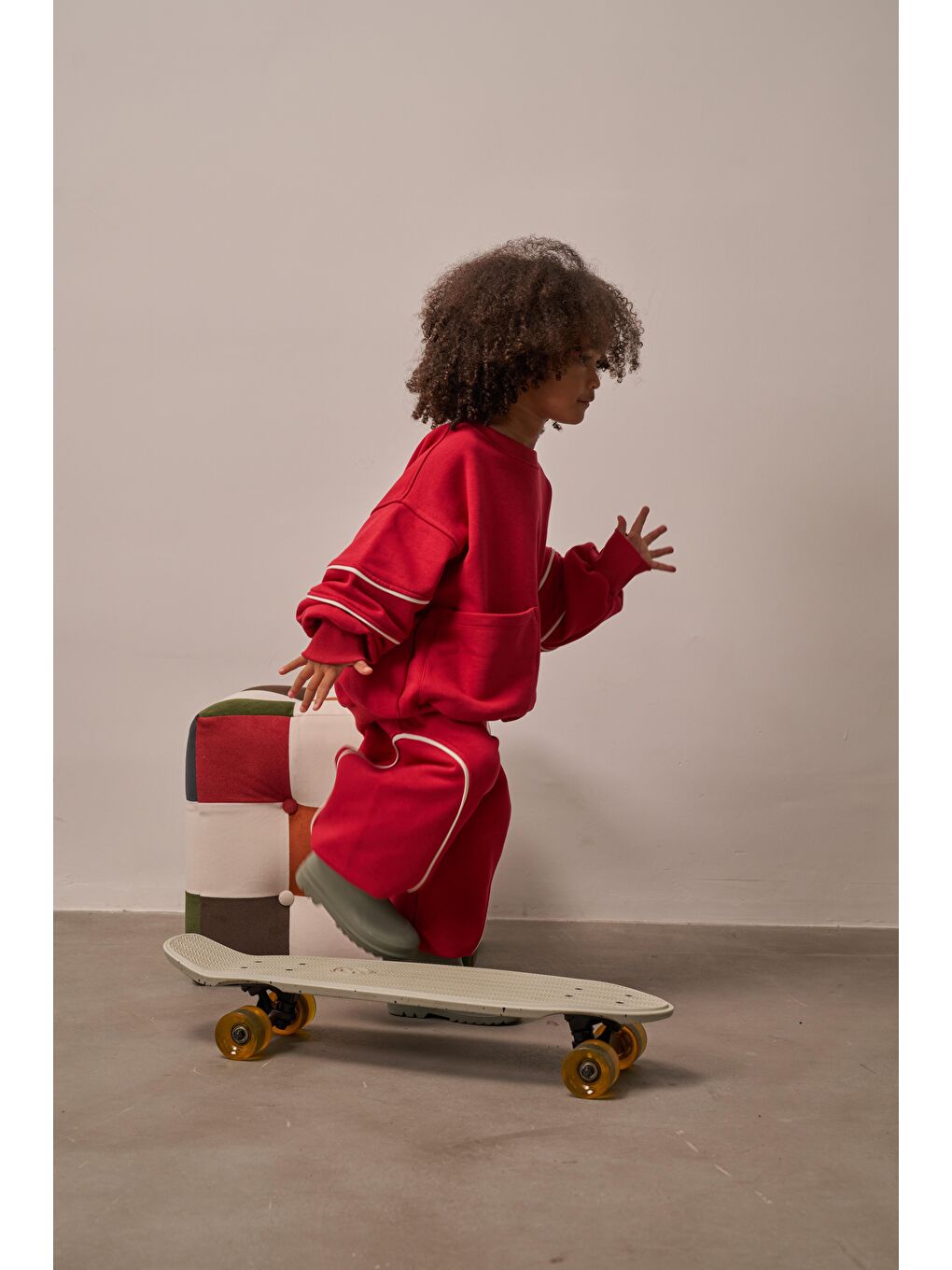 Bordo Kırmızı Asimetrik Cep Detaylı Oversize Çocuk Alt Üst Takım-7