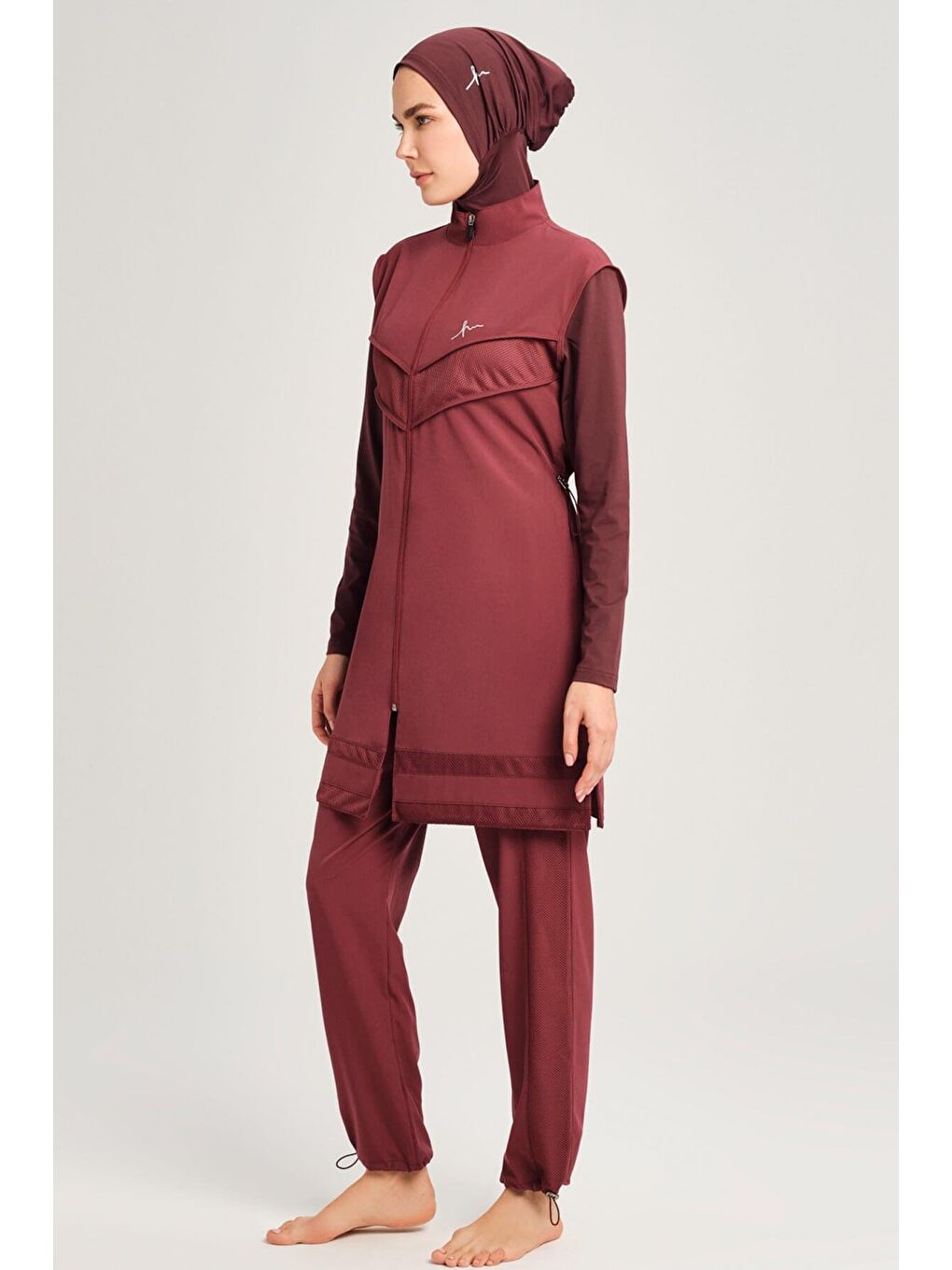 File Detaylı Mürdüm Esnek Dokuma 6 Parça Tam Tesettür Mayo Takımı 2853-4