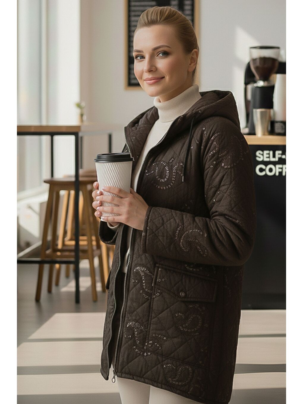 İtalyan Kahverengi Kapüşonlu Uzun Kol Fermuarlı Pul Payetli Allover Nakışlı Dokuma Ceket 75 65-2