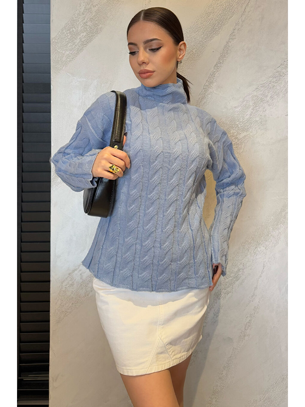 Mavi Yarım Balıkçı Yaka Desenli Kadın Triko Kazak