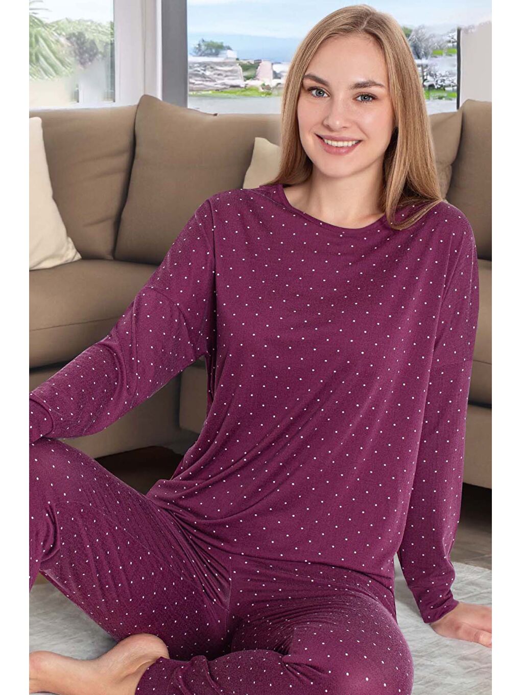 Kadın Puantiye Desen Uzun Kol Pijama Takımı 240987 Mürdüm-1