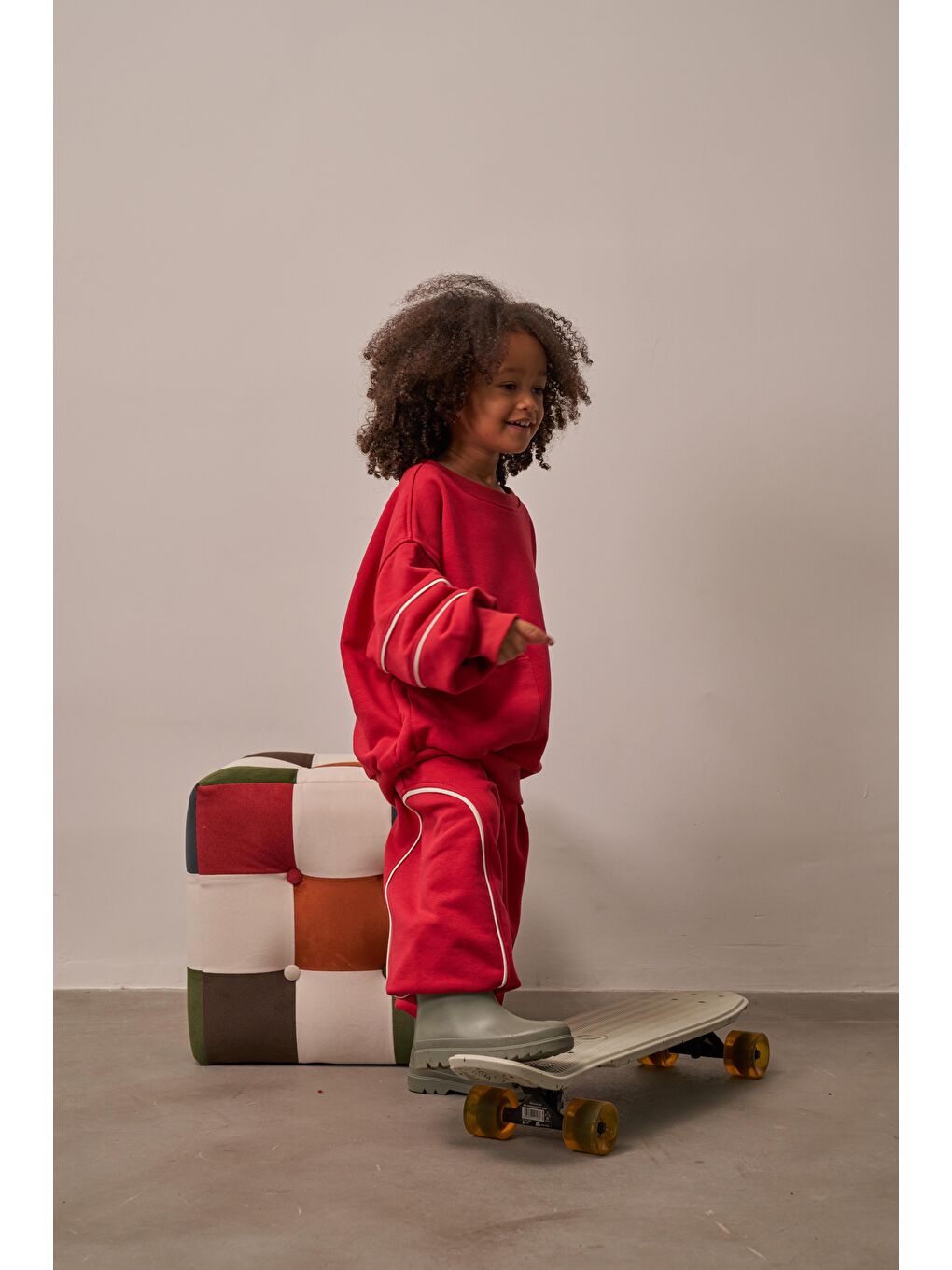 Bordo Kırmızı Asimetrik Cep Detaylı Oversize Çocuk Alt Üst Takım-8