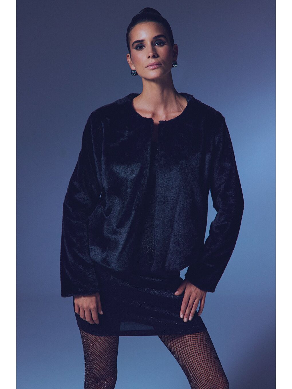 Yakasız Pelüş Ceket - Siyah-4