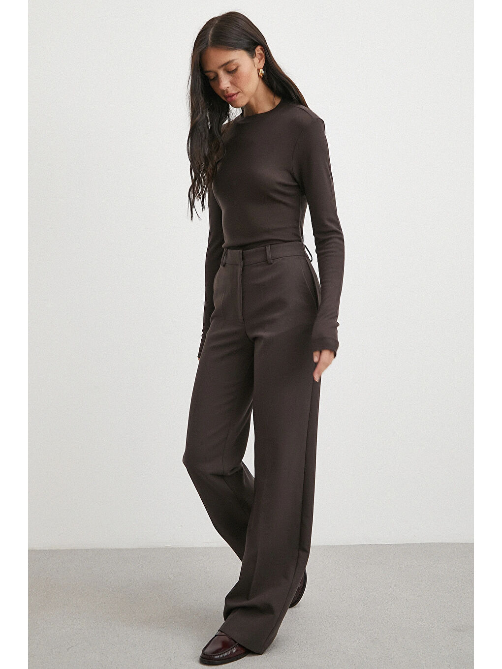 Karışık Yüksek Bel Klasik Pantolon Kahve