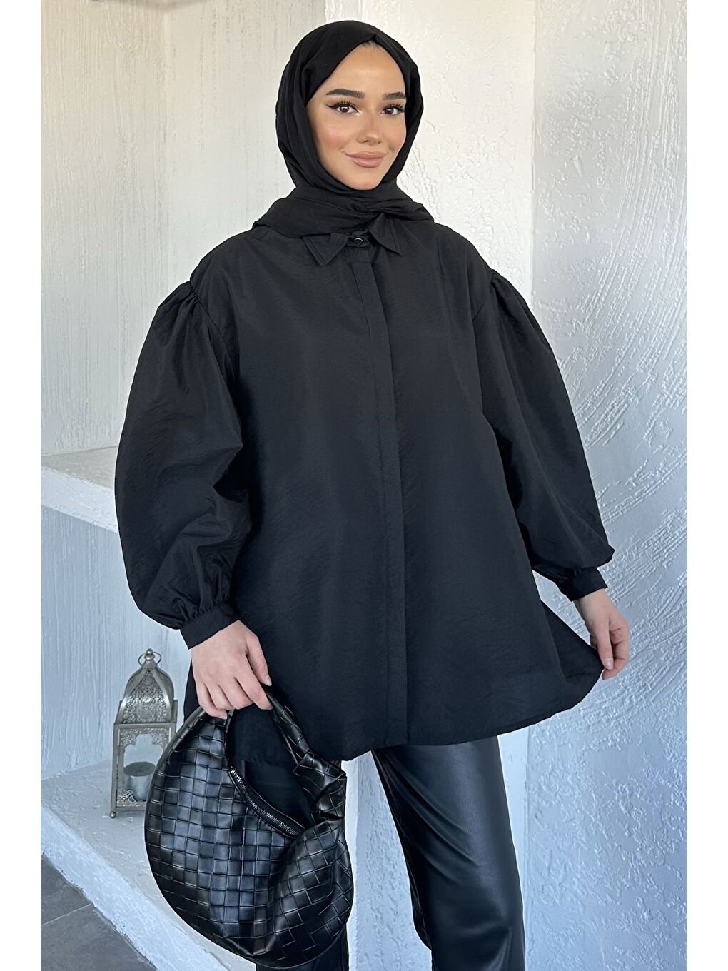 Siyah Balon Kol Bel Bağlamalı Gömlek Tunik