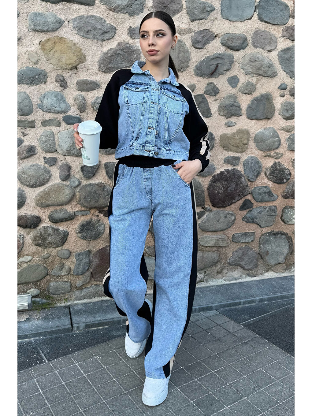 Mavi Jean Garnili Şardonlu Ceket Pantolon Kadın İkili Takım