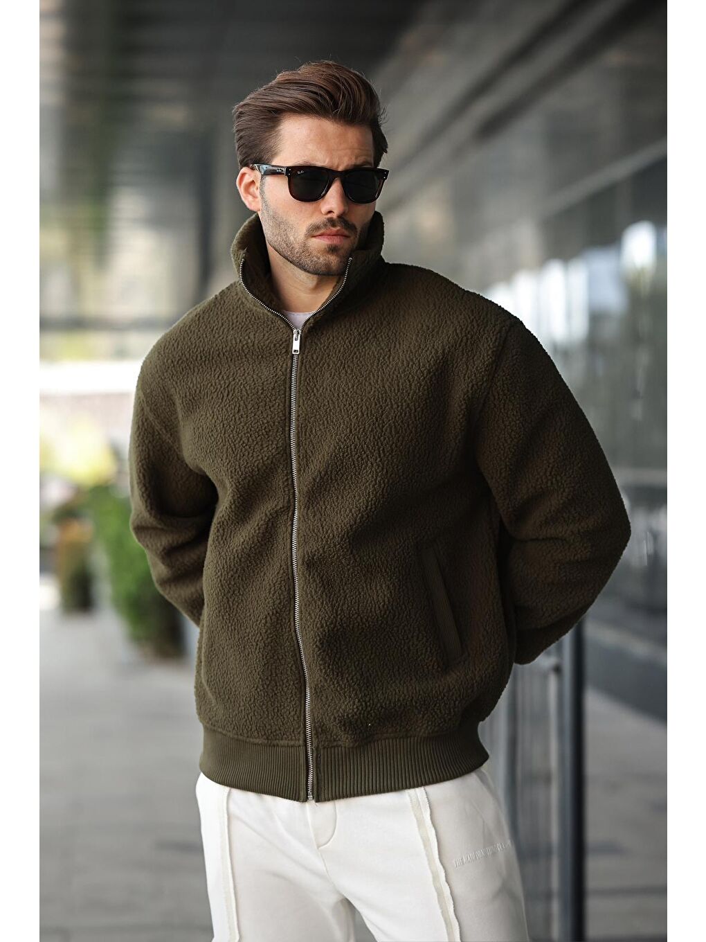 Haki Fermuarlı Dik Yaka Erkek Polar Hırka E7166-1