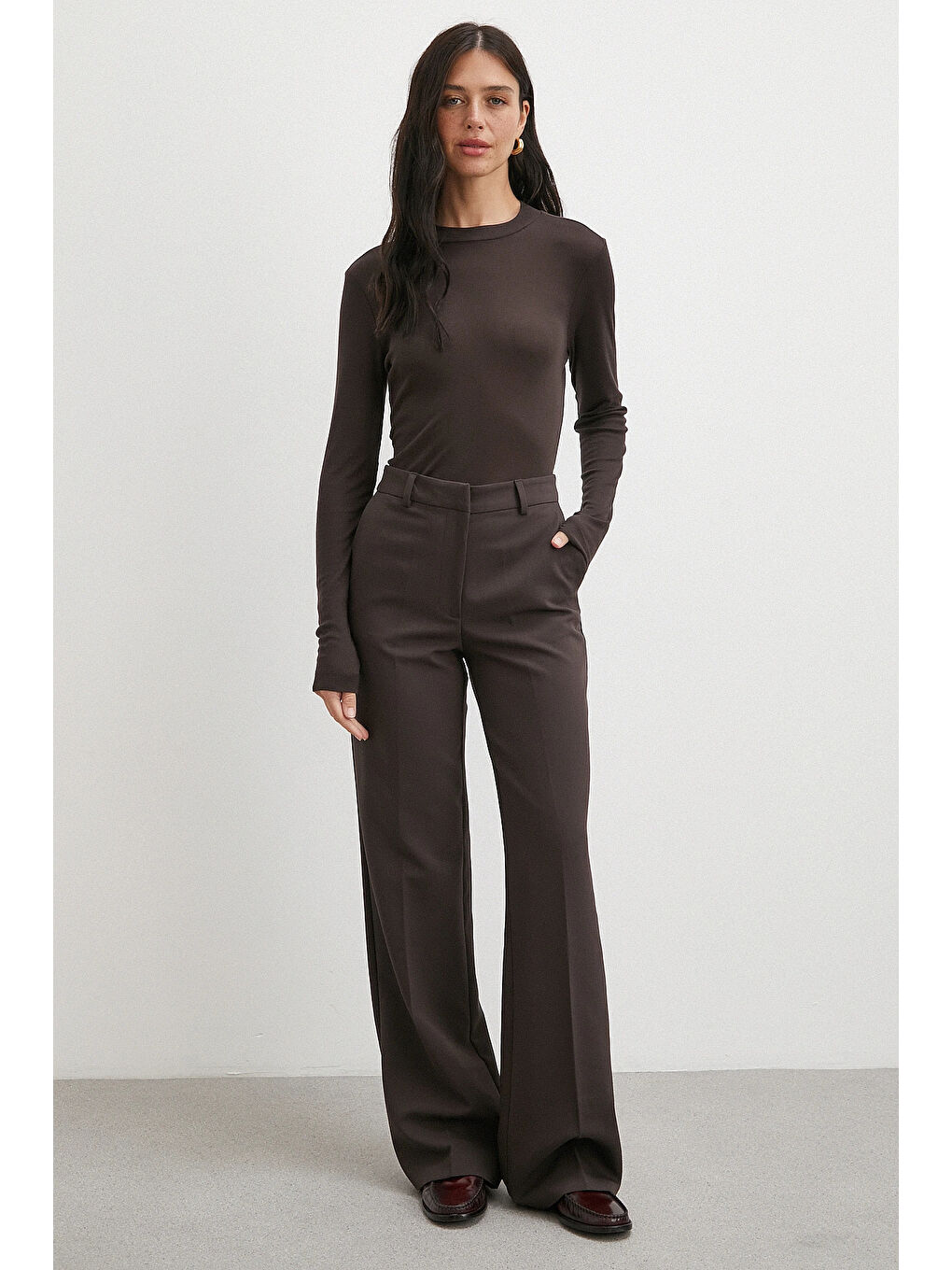 Karışık Yüksek Bel Klasik Pantolon Kahve-1