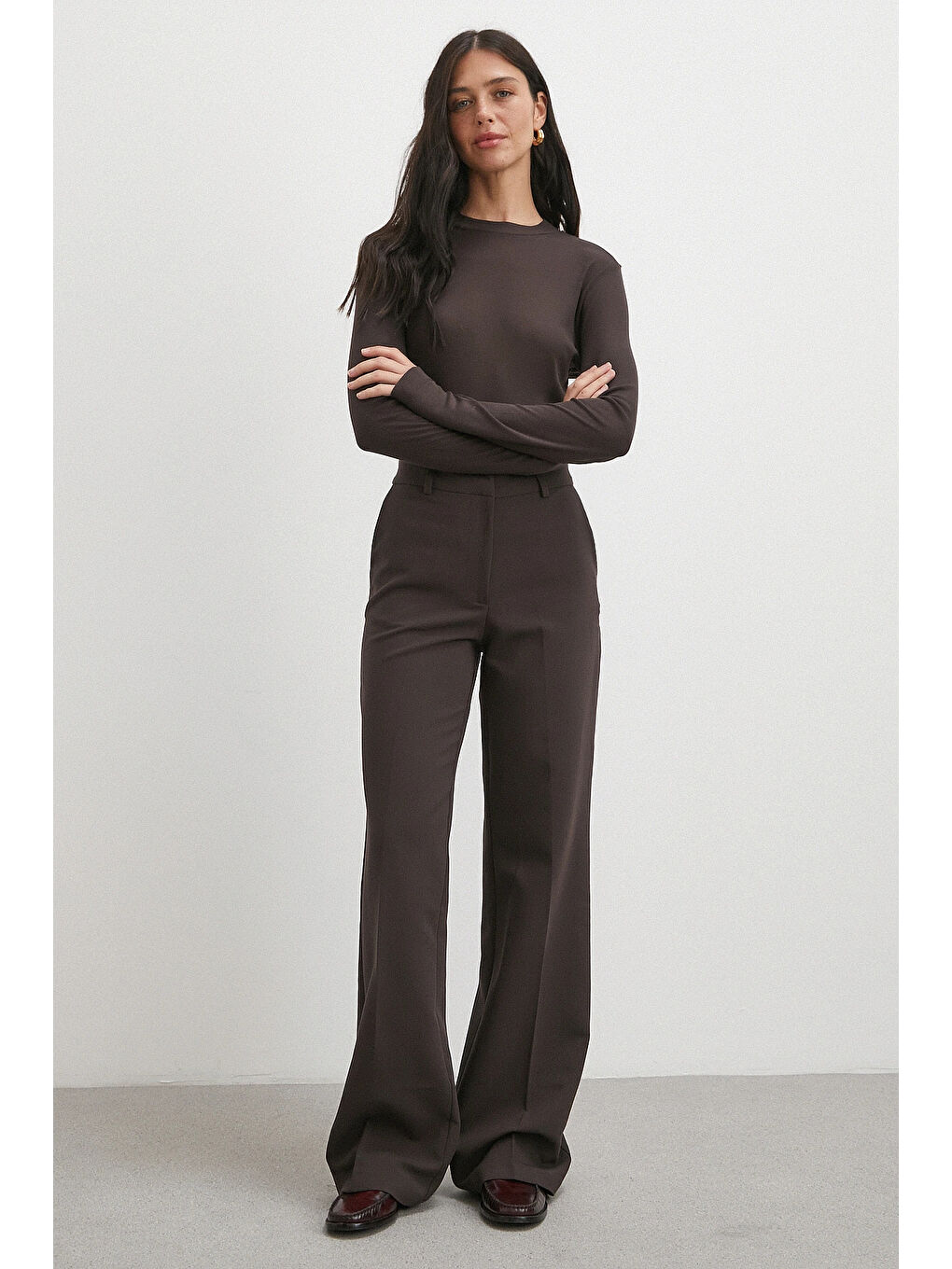 Karışık Yüksek Bel Klasik Pantolon Kahve-2