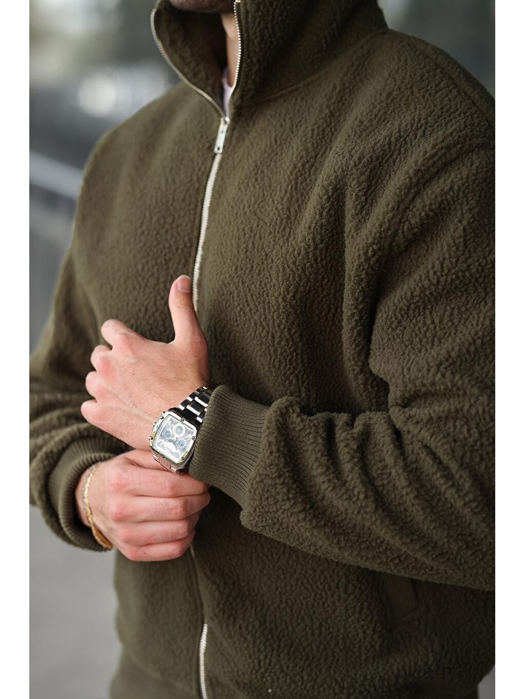 Haki Fermuarlı Dik Yaka Erkek Polar Hırka E7166-2