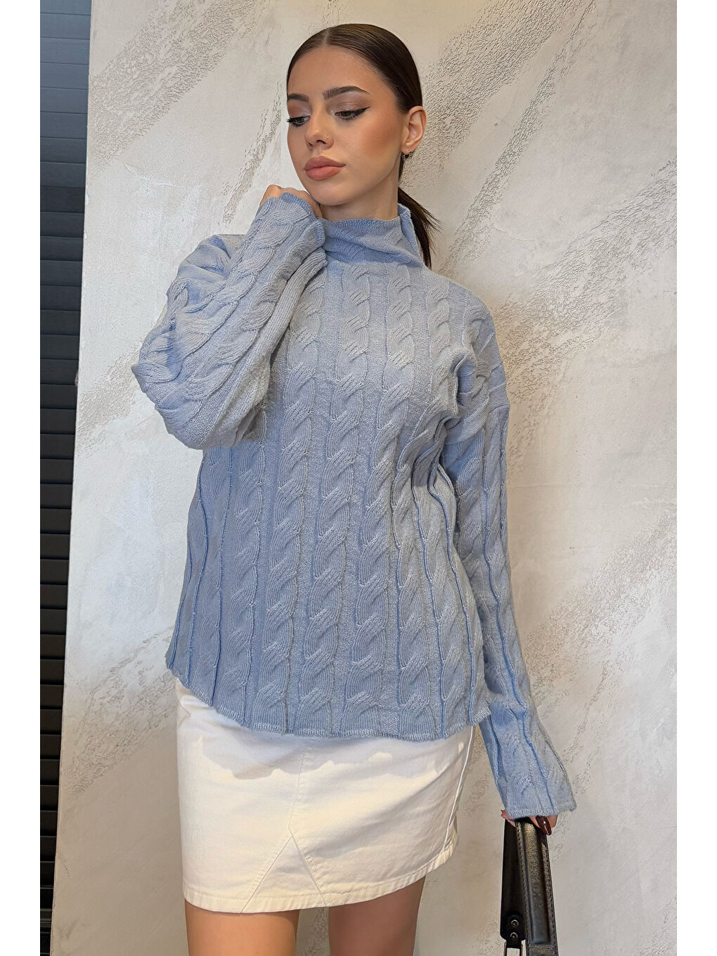 Mavi Yarım Balıkçı Yaka Desenli Kadın Triko Kazak-1