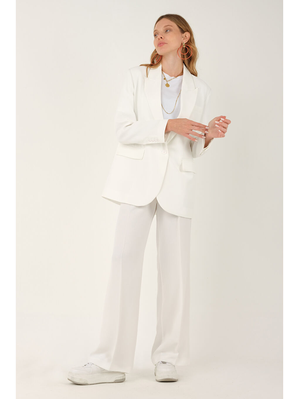 Dökümlü Blazer Ceket Ekru-3