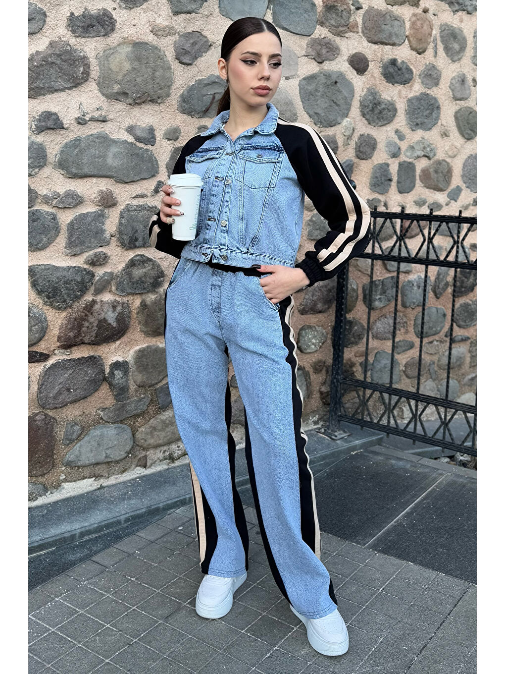 Mavi Jean Garnili Şardonlu Ceket Pantolon Kadın İkili Takım-1