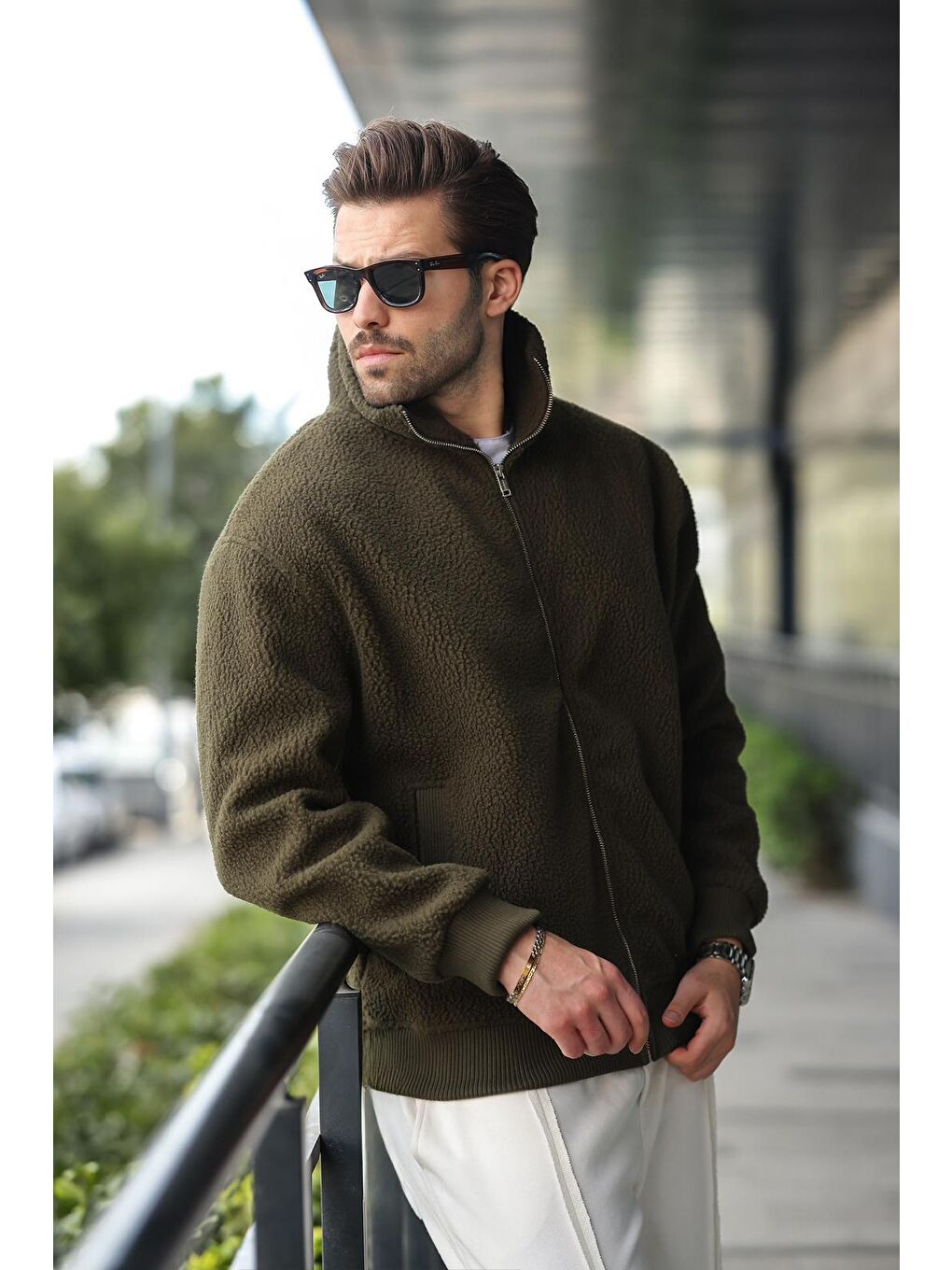 Haki Fermuarlı Dik Yaka Erkek Polar Hırka E7166-3