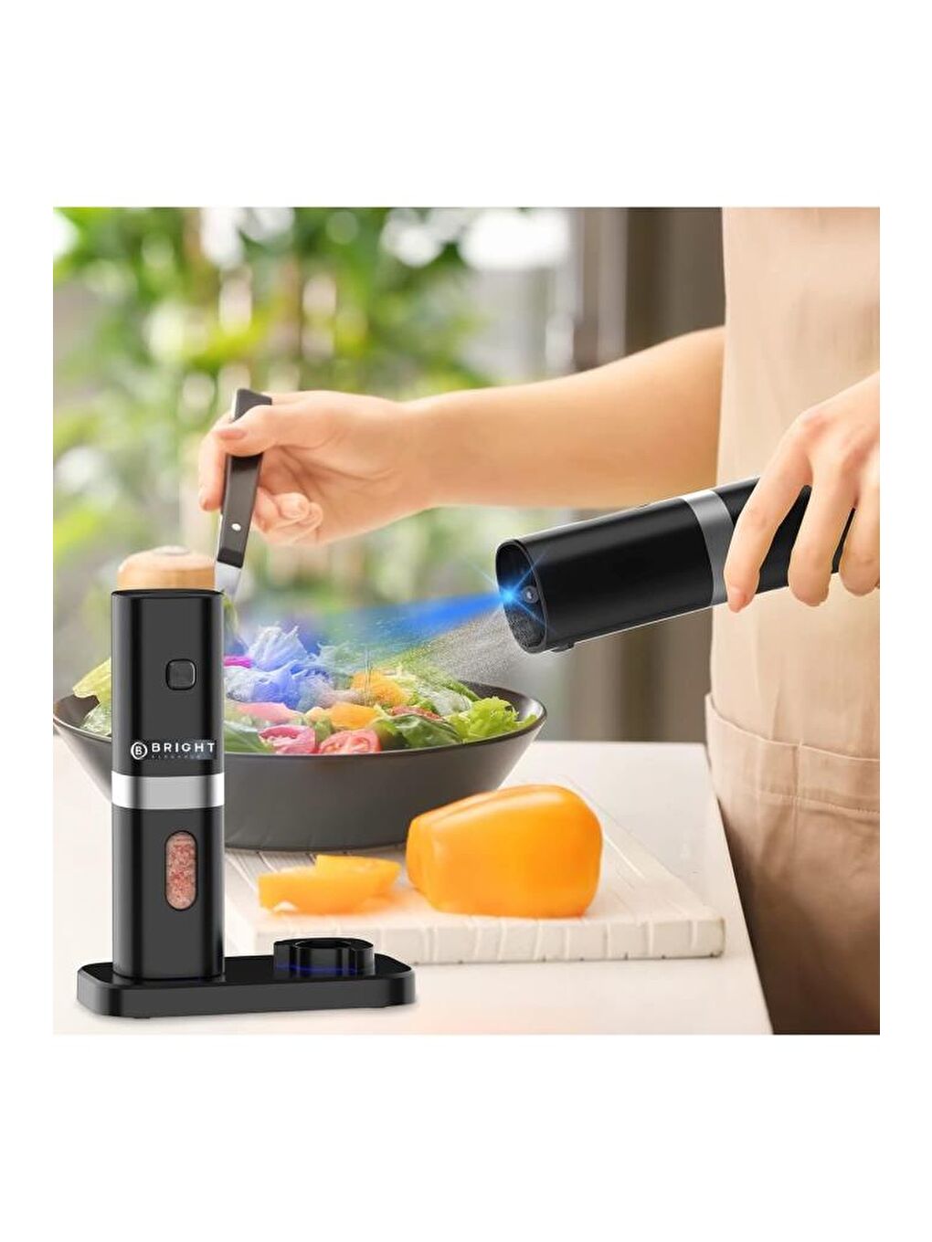 Siyah BE-2220 2'li Standlı Pilli LED Işıklı Otomatik Tuz ve Karabiber Öğütücü Değirmeni-3