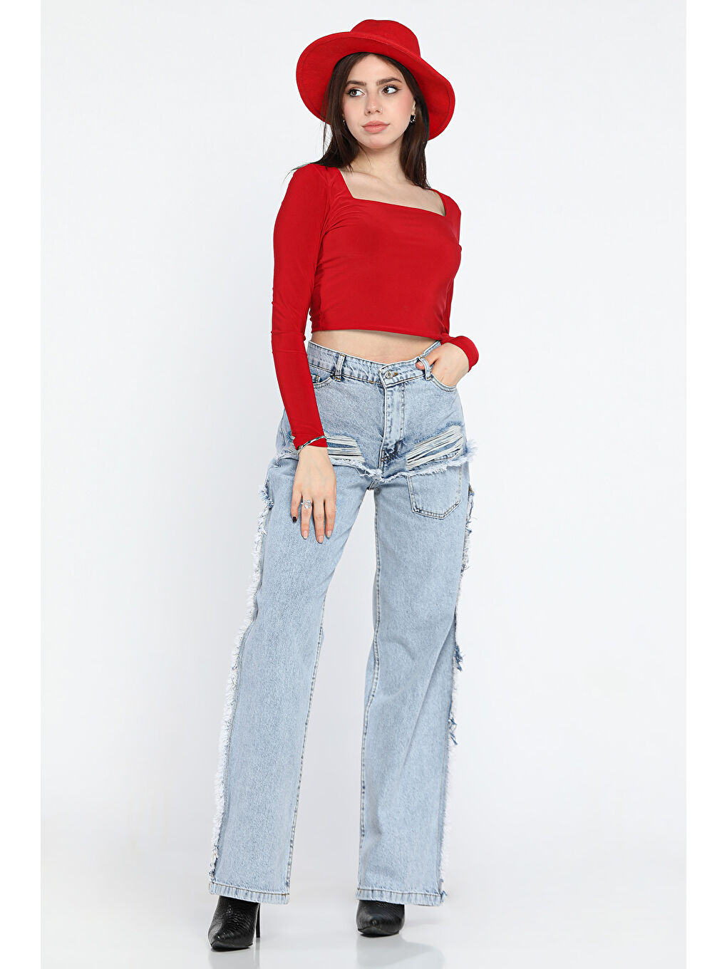 Mavi Püsküllü Tarz Kadın Bol Paça Jean Pantolon-1