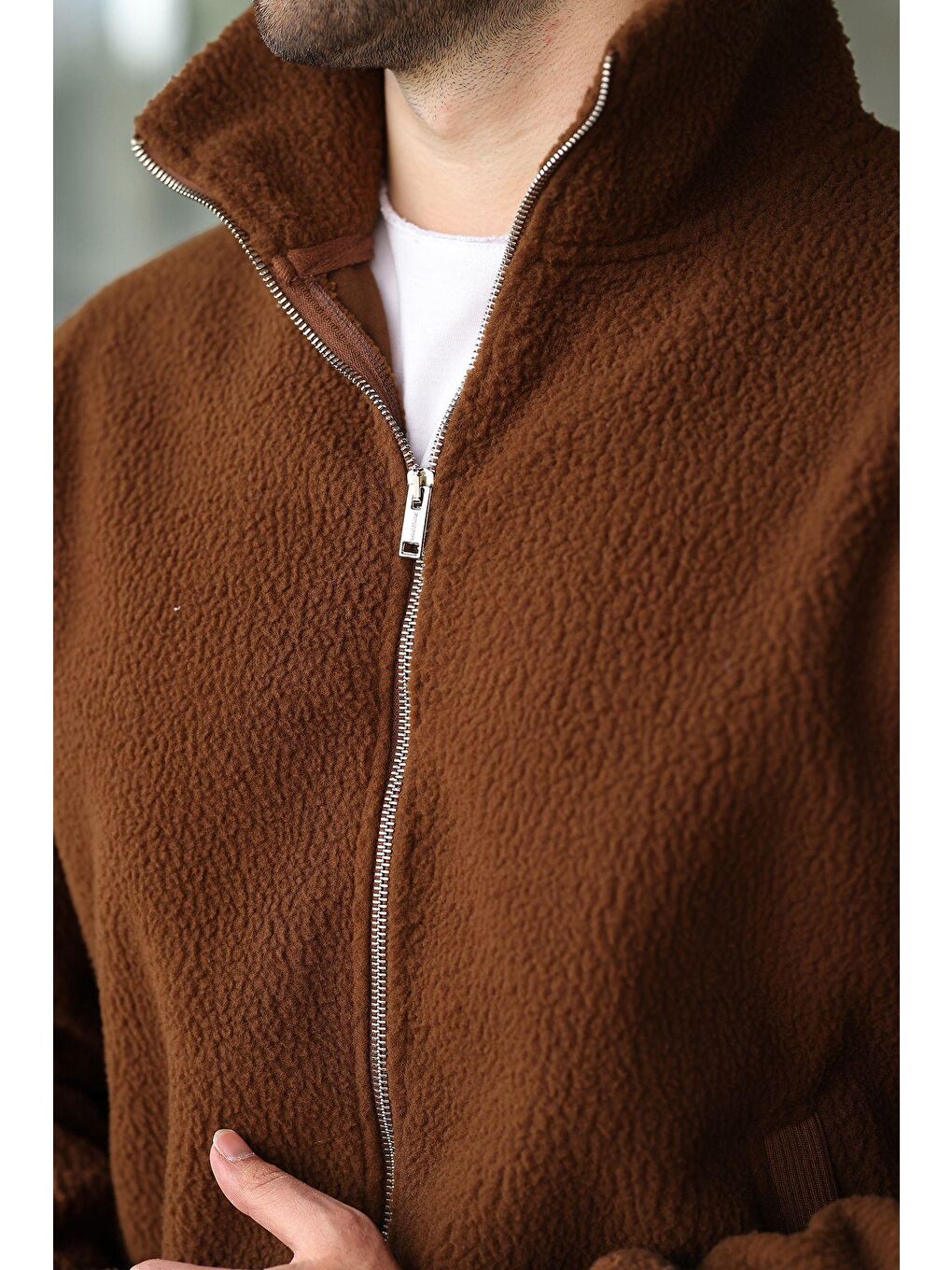 Kahverengi Fermuarlı Dik Yaka Erkek Polar Hırka E7166-1