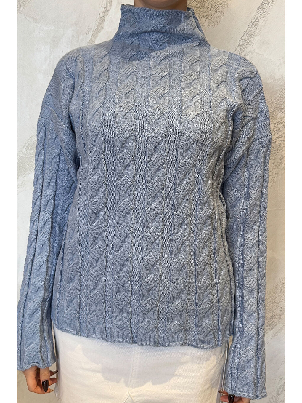 Mavi Yarım Balıkçı Yaka Desenli Kadın Triko Kazak-2