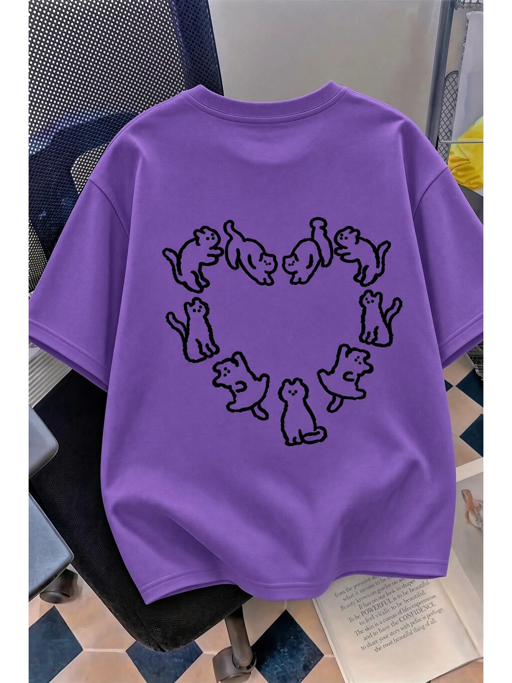Mor Kedi Kalp Desenli Oversize/rahat Kesim Kısa Kollu T-shirt