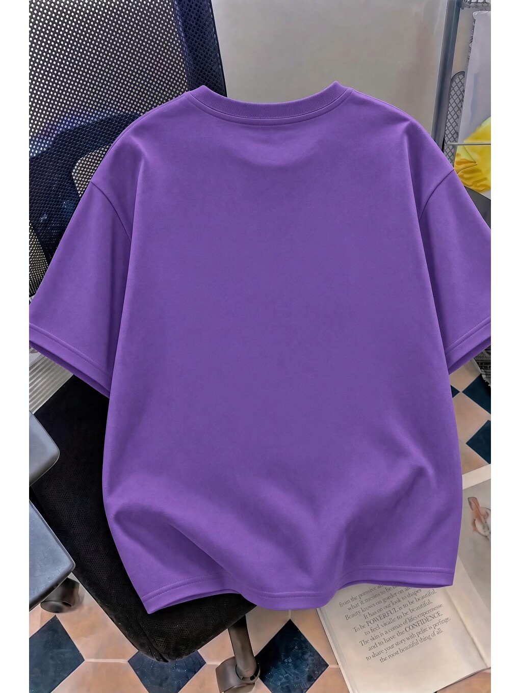 Mor Kedi Kalp Desenli Oversize/rahat Kesim Kısa Kollu T-shirt-1