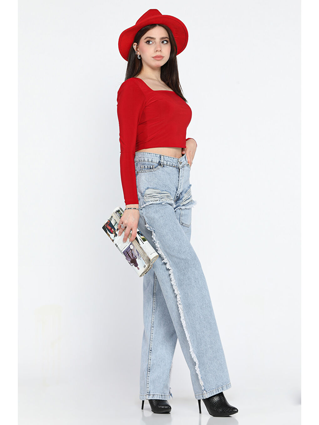 Mavi Püsküllü Tarz Kadın Bol Paça Jean Pantolon-2