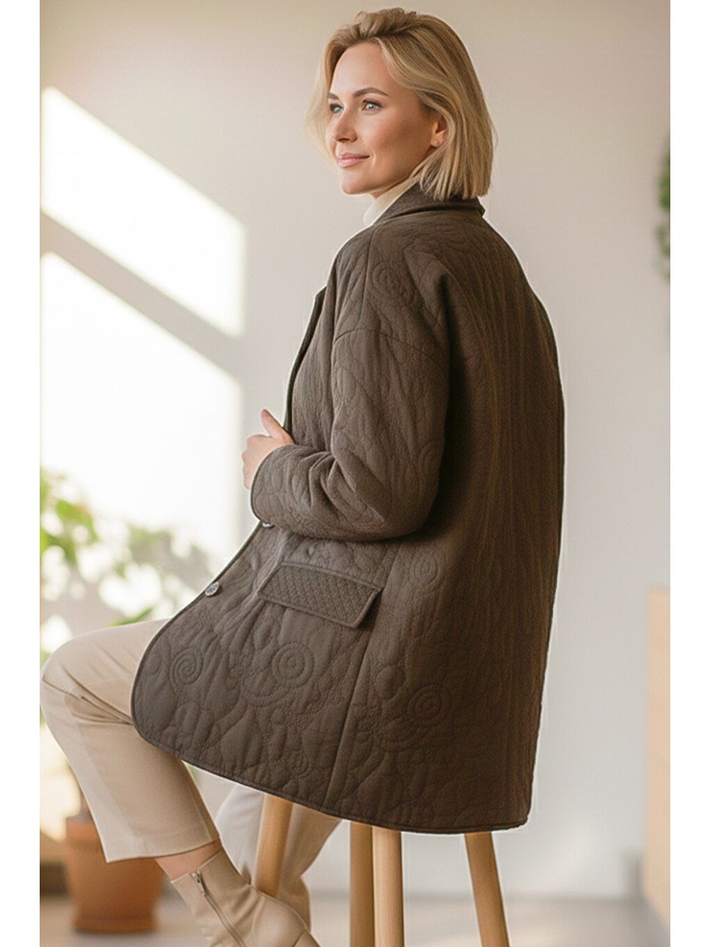 İtalyan Kahverengi Ceket Yaka Uzun Kol Düğmeli Allover Nakışlı Kapitone Oversize Dokuma Ceket 78 70-1