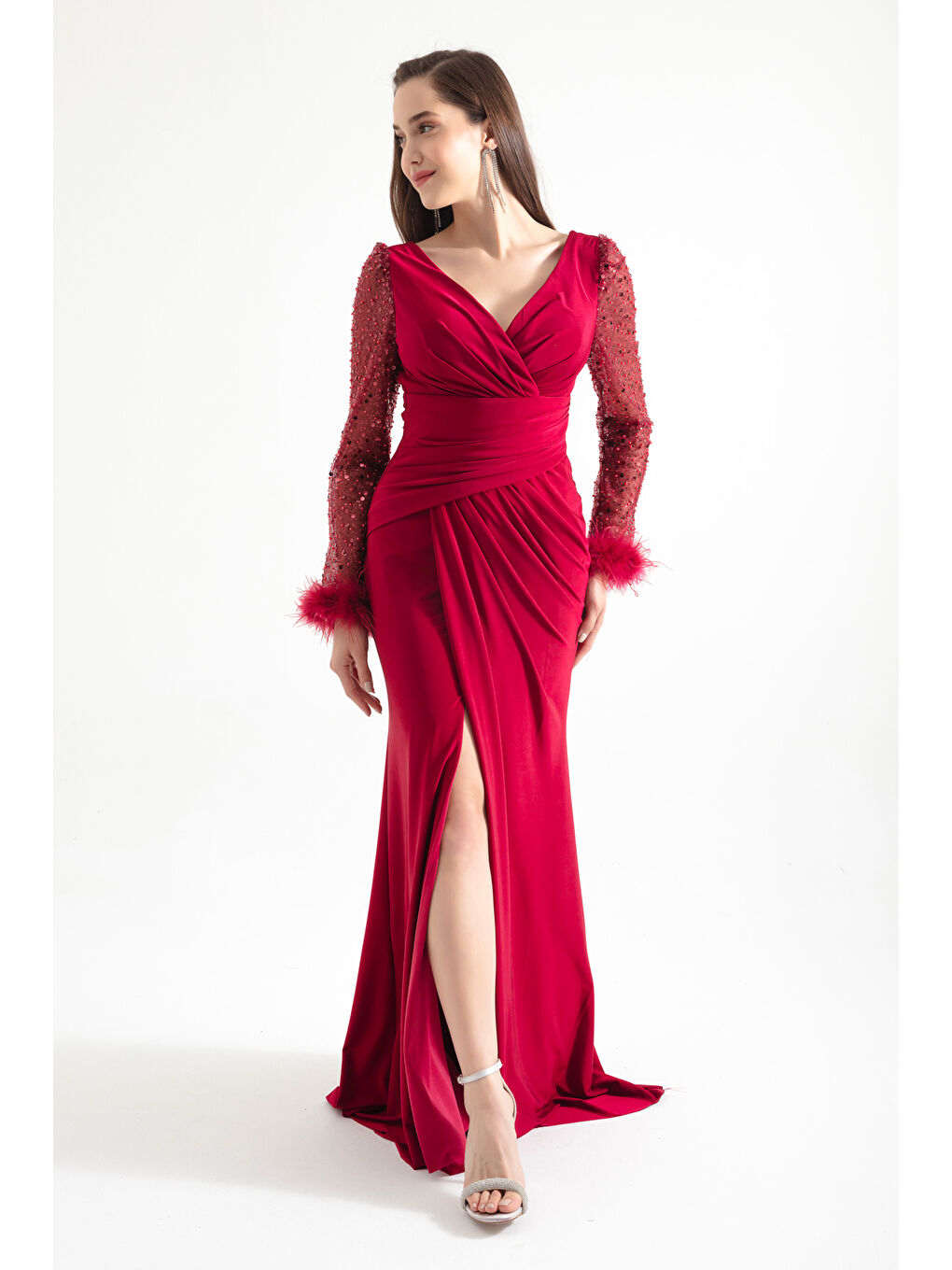 Kadın Bordo V Yaka Kolları Taşlı Yırtmaçlı Uzun Abiye Elbise