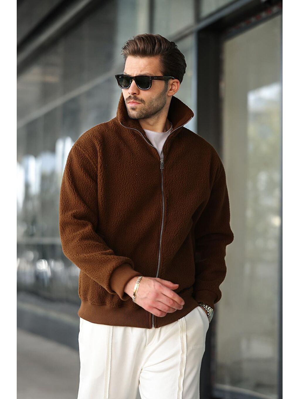 Kahverengi Fermuarlı Dik Yaka Erkek Polar Hırka E7166-2