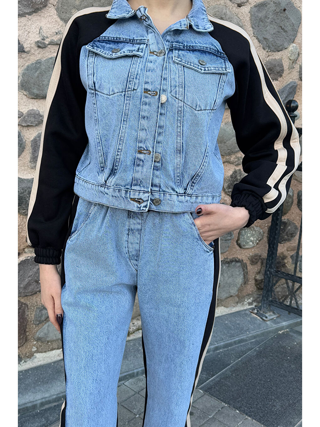 Mavi Jean Garnili Şardonlu Ceket Pantolon Kadın İkili Takım-2