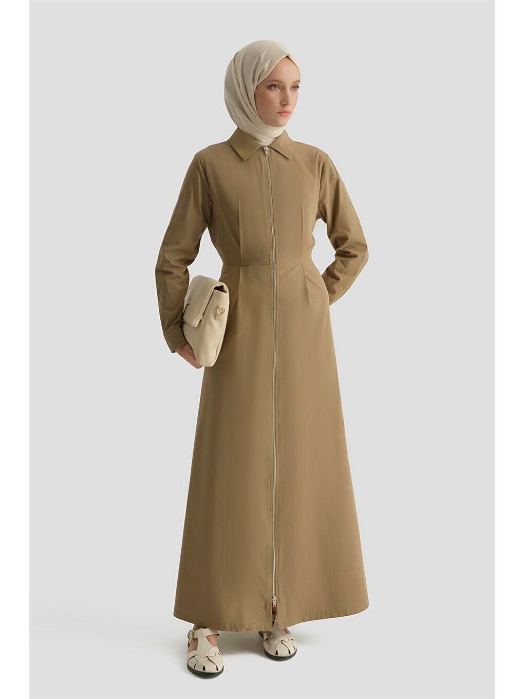 Fermuar Detaylı Fitted Elbise Haki-2