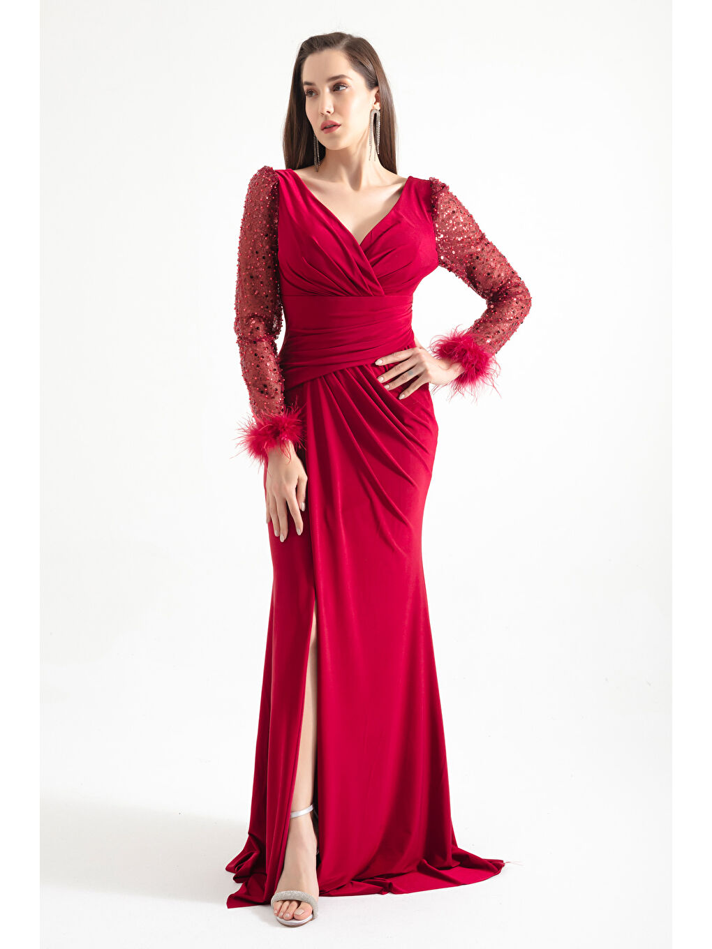 Kadın Bordo V Yaka Kolları Taşlı Yırtmaçlı Uzun Abiye Elbise-1