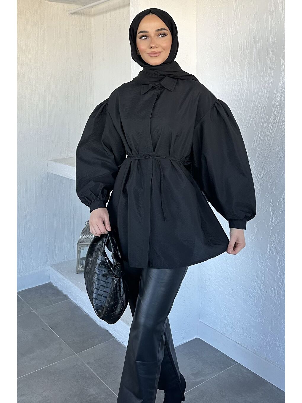 Siyah Balon Kol Bel Bağlamalı Gömlek Tunik-3