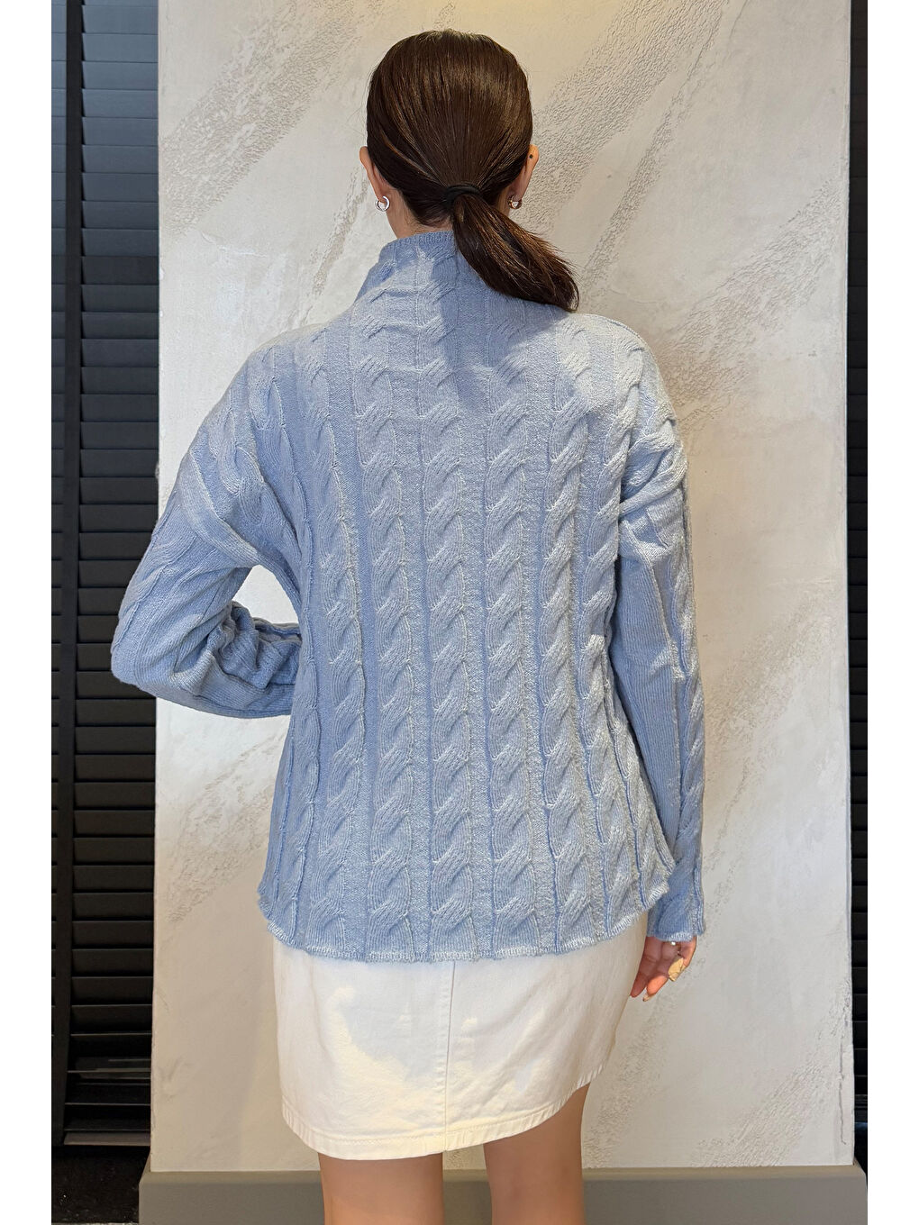 Mavi Yarım Balıkçı Yaka Desenli Kadın Triko Kazak-3