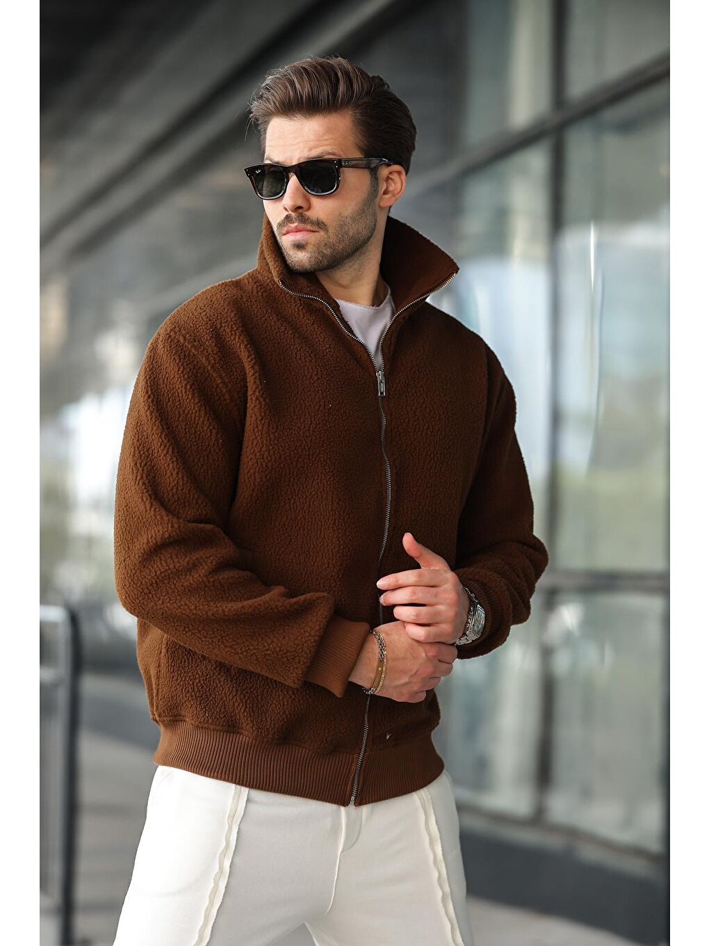 Kahverengi Fermuarlı Dik Yaka Erkek Polar Hırka E7166-3