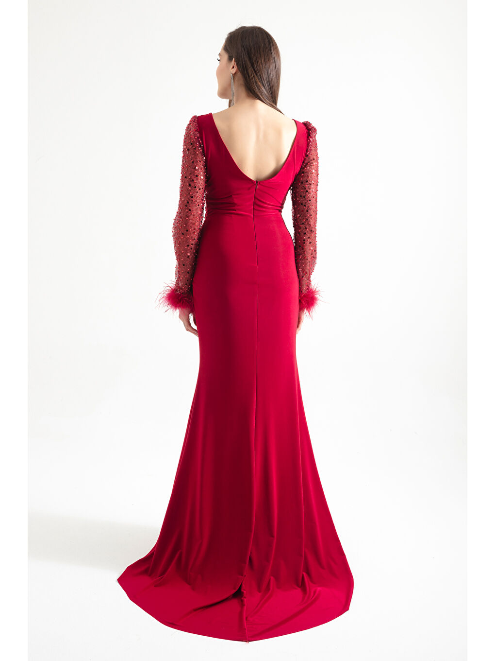 Kadın Bordo V Yaka Kolları Taşlı Yırtmaçlı Uzun Abiye Elbise-4