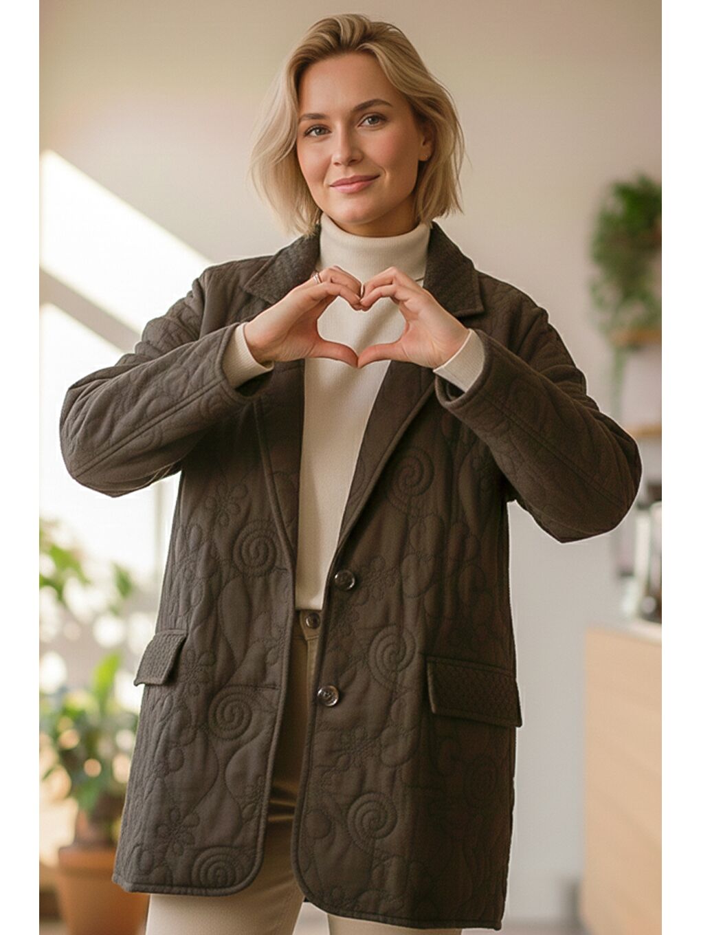 İtalyan Kahverengi Ceket Yaka Uzun Kol Düğmeli Allover Nakışlı Kapitone Oversize Dokuma Ceket 78 70-2