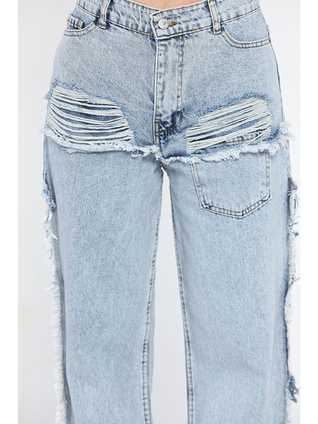 Mavi Püsküllü Tarz Kadın Bol Paça Jean Pantolon-3