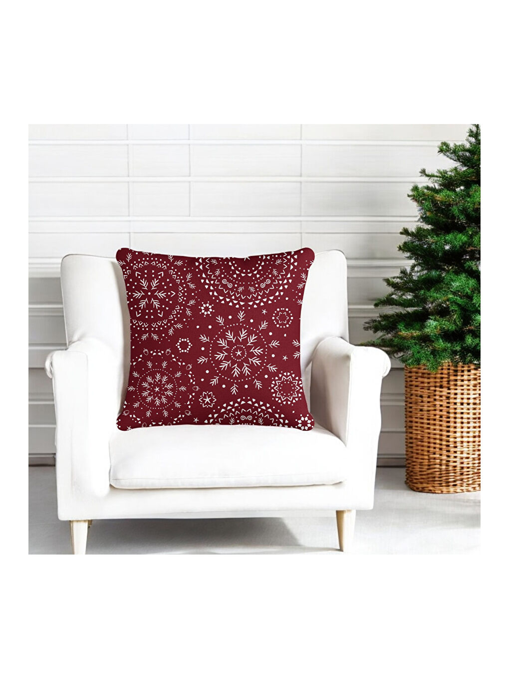 Yılbaşı Temalı Kar Tanesi Desenli Dekoratif  Kırlent Kılıfı - Bordo 43x43-1