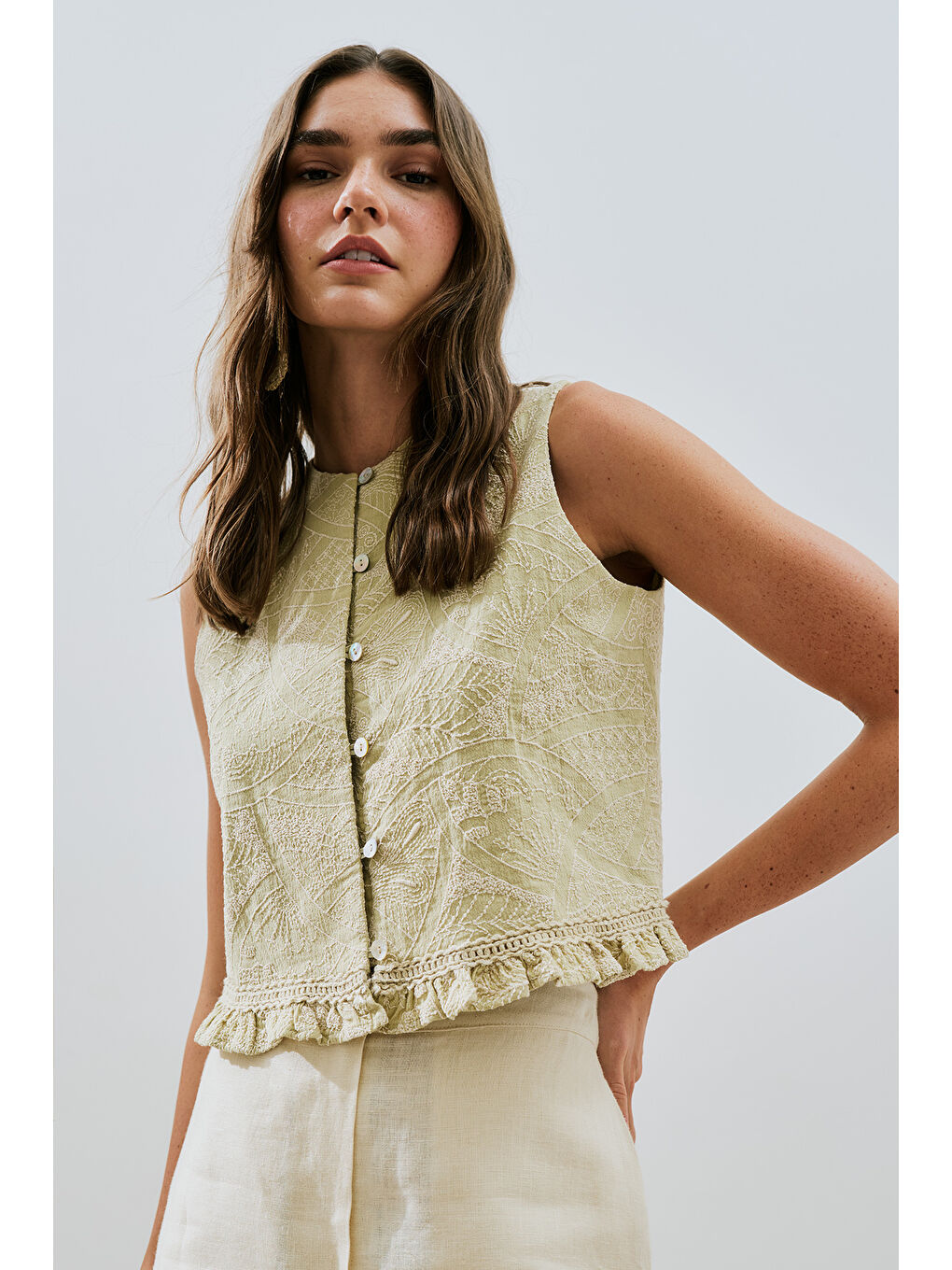 Dokulu Nakışlı Yelek Soft Yeşil