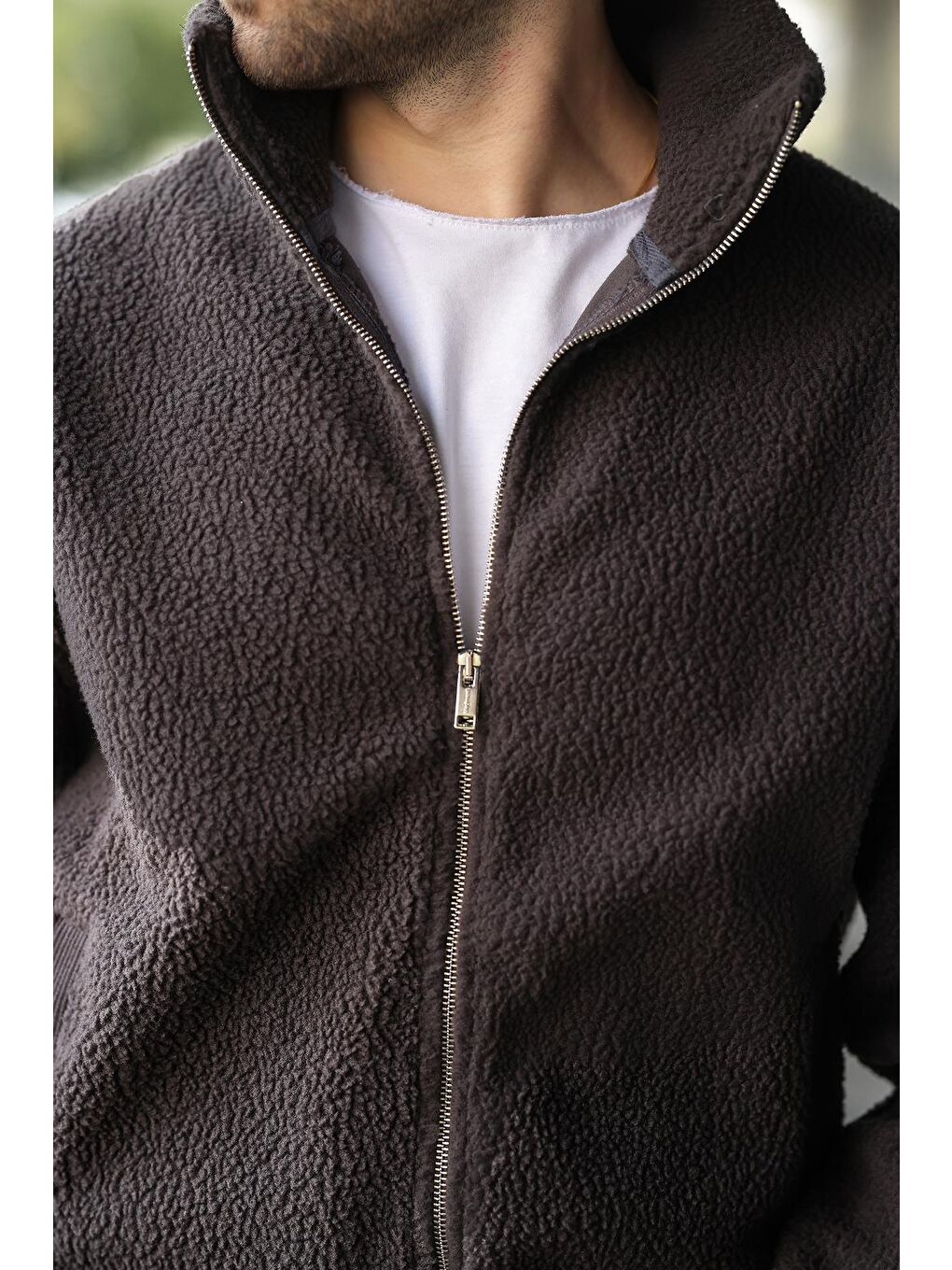 Gri Füme Fermuarlı Dik Yaka Erkek Polar Hırka E7166-1