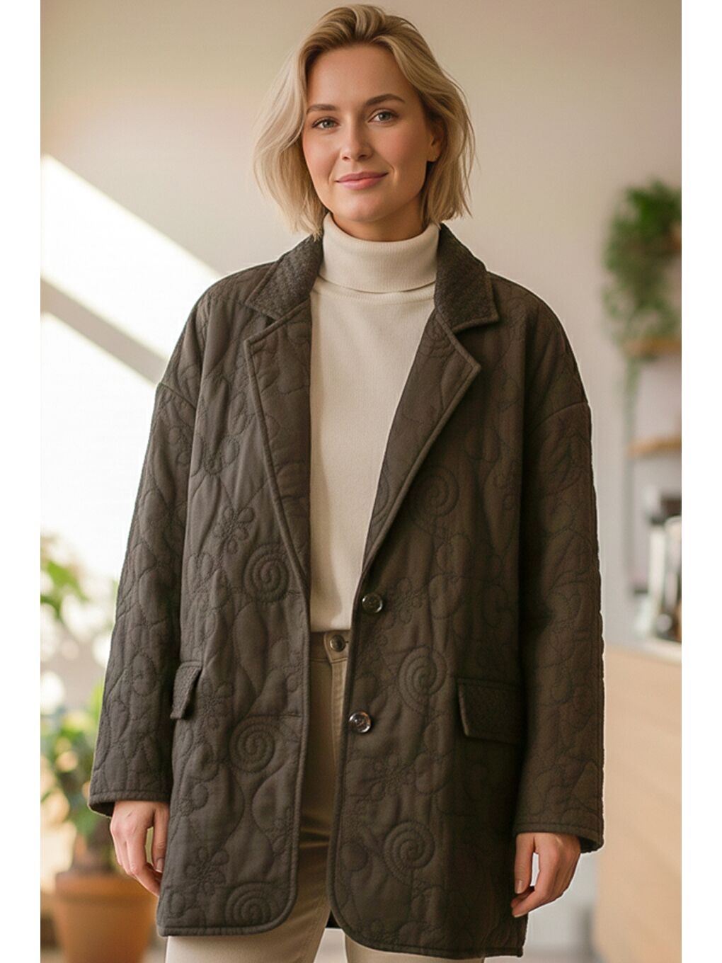 İtalyan Kahverengi Ceket Yaka Uzun Kol Düğmeli Allover Nakışlı Kapitone Oversize Dokuma Ceket 78 70-3